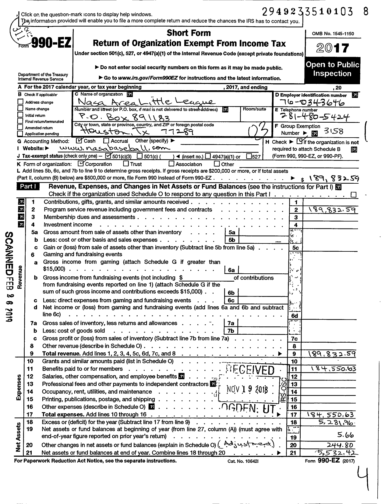 Image of first page of 2017 Form 990EZ for Little League Baseball - 3431418 Nasa Area LL