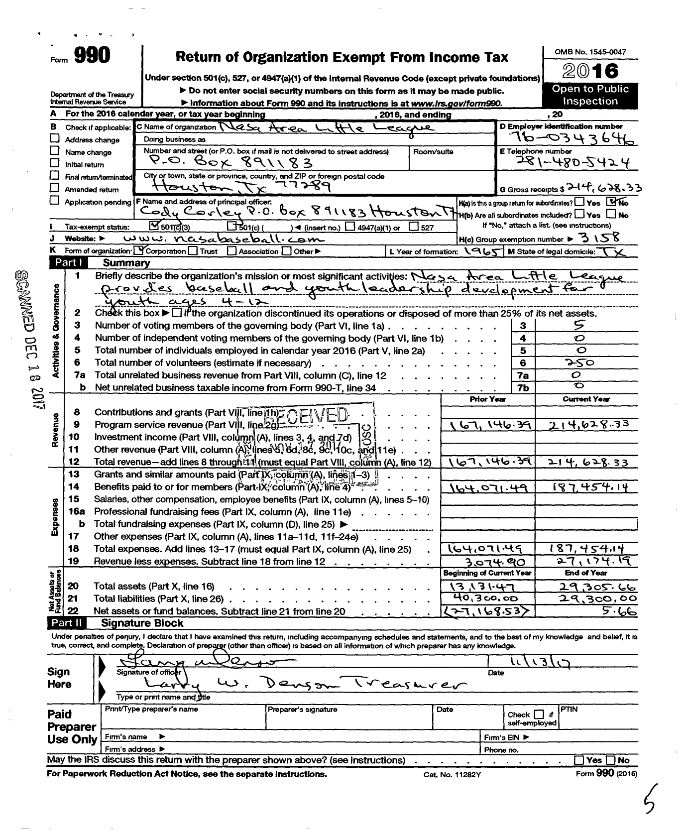 Image of first page of 2016 Form 990 for Little League Baseball - 3431418 Nasa Area LL