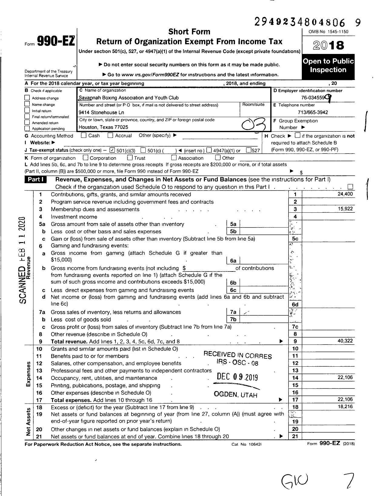 Image of first page of 2018 Form 990EZ for Savannah Boxing Association and Youth Club