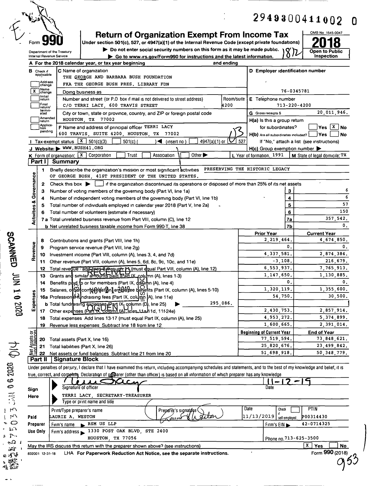 Image of first page of 2018 Form 990 for The George and Barbara Bush Foundation