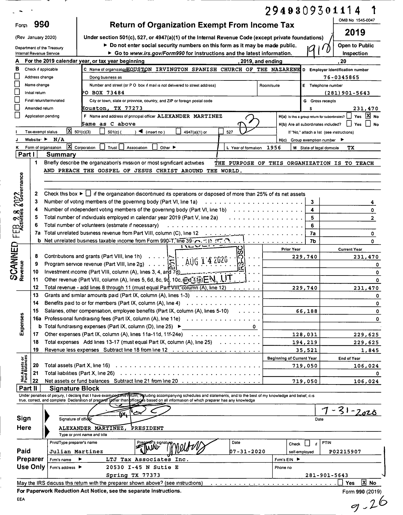 Image of first page of 2019 Form 990 for Houston Irvington Spanish Church of the Nazarene