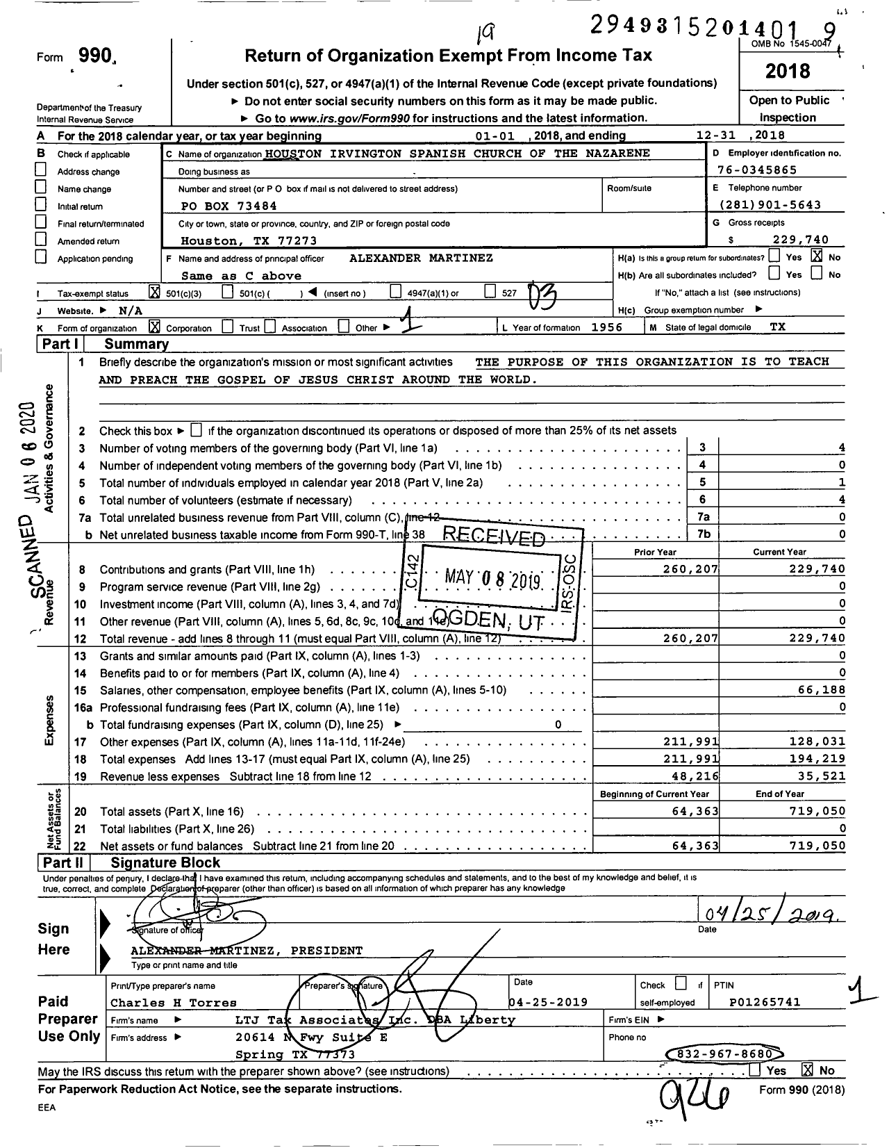 Image of first page of 2018 Form 990 for Houston Irvington Spanish Church of the Nazarene