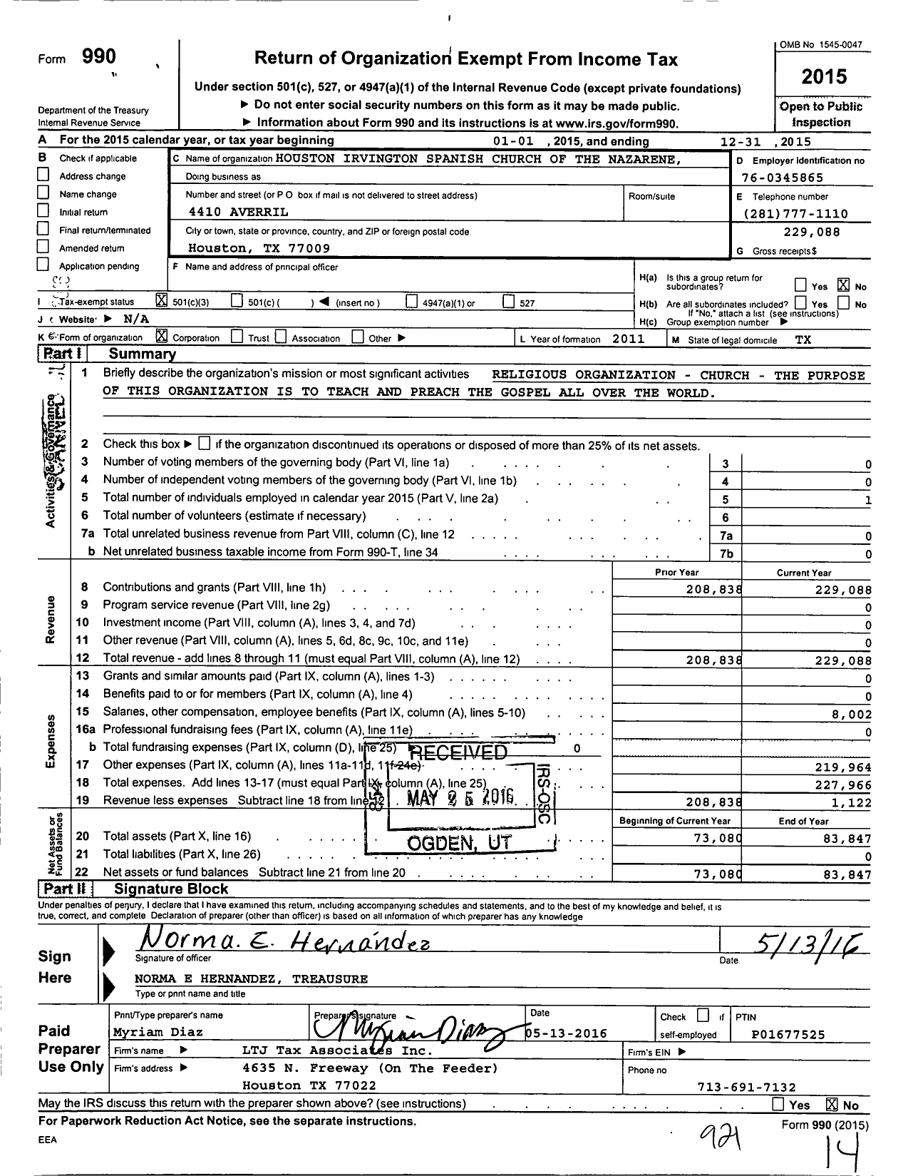 Image of first page of 2015 Form 990 for Houston Irvington Spanish Church of the Nazarene