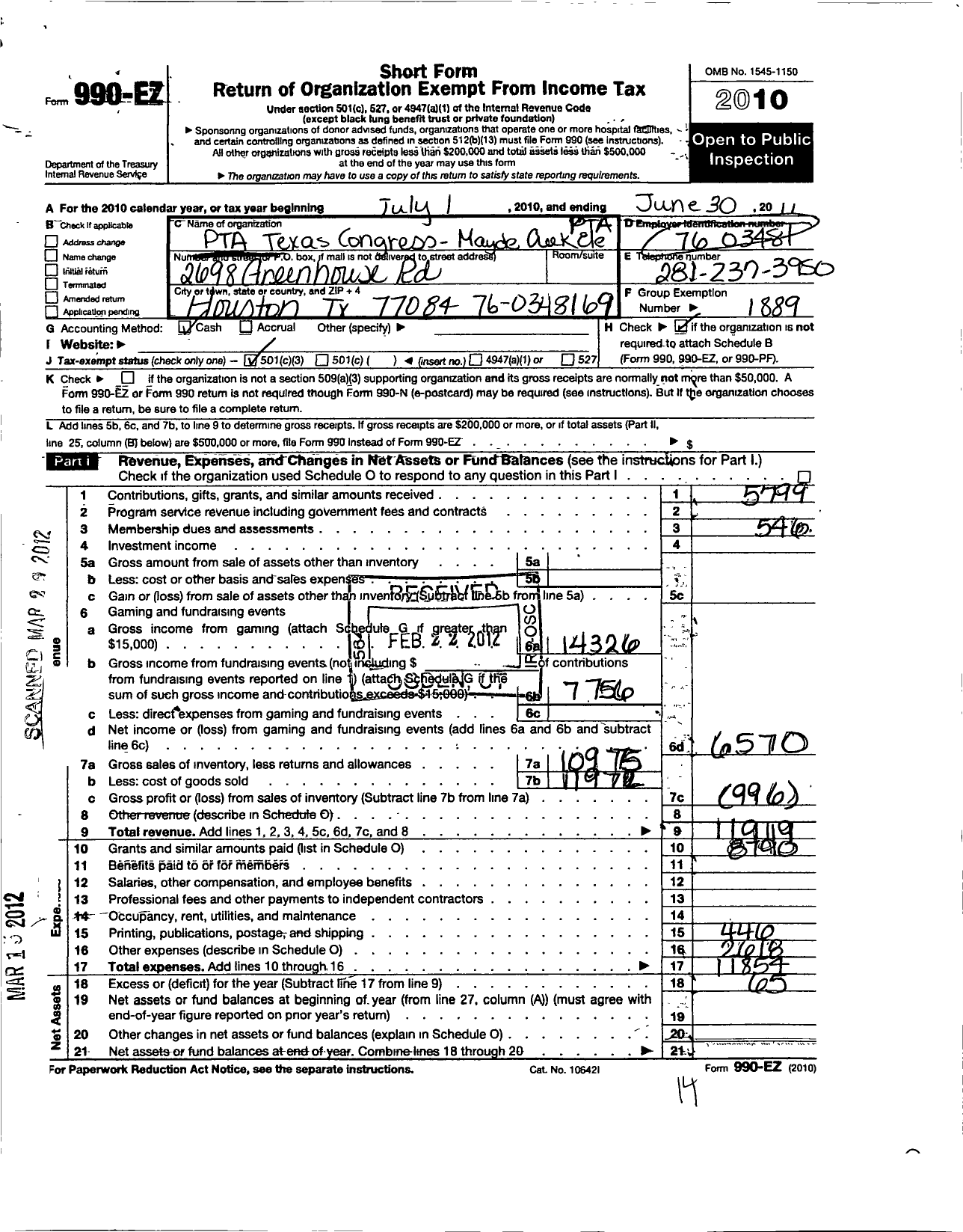 Image of first page of 2010 Form 990EZ for Texas PTA - 5703 Mayde Creek Elementary