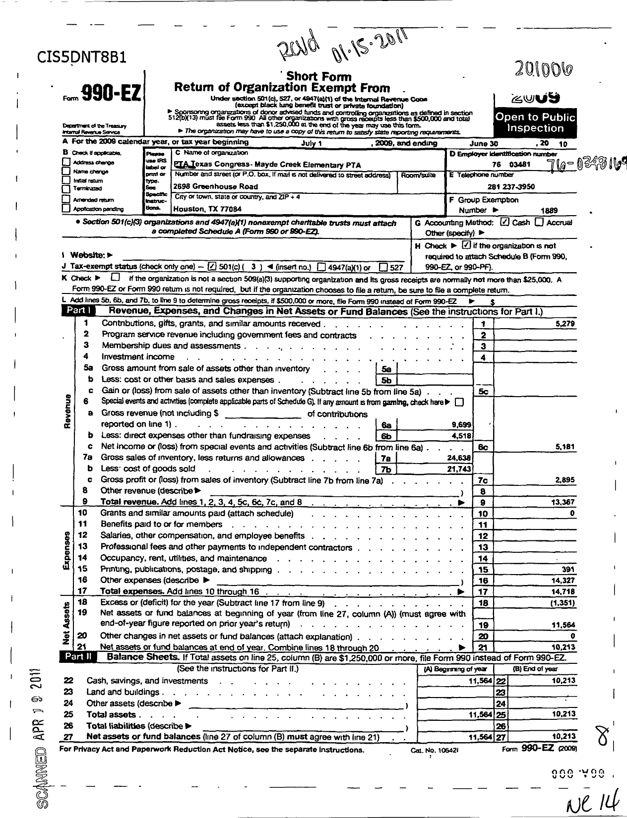 Image of first page of 2009 Form 990EZ for Texas PTA - 5703 Mayde Creek Elementary