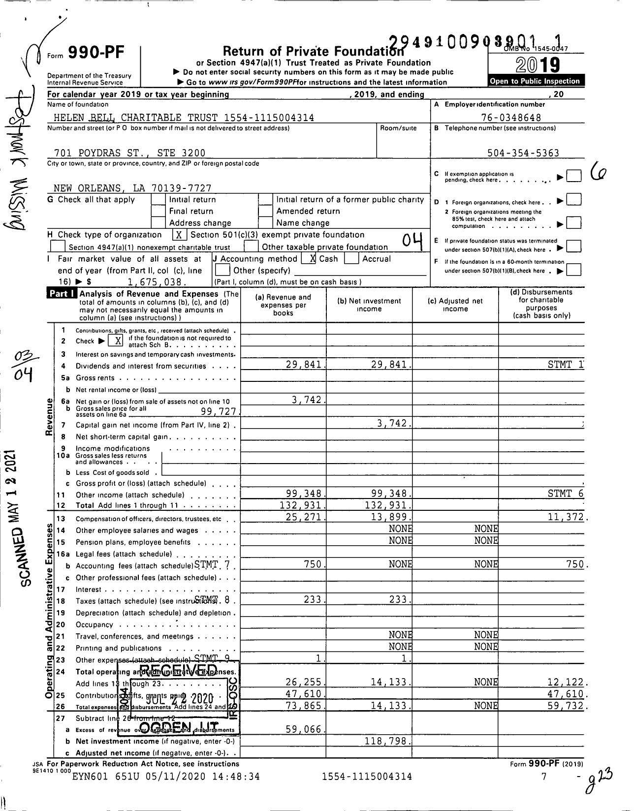 Image of first page of 2019 Form 990PF for Helen Bell Charitable Trust 1554-1115004314