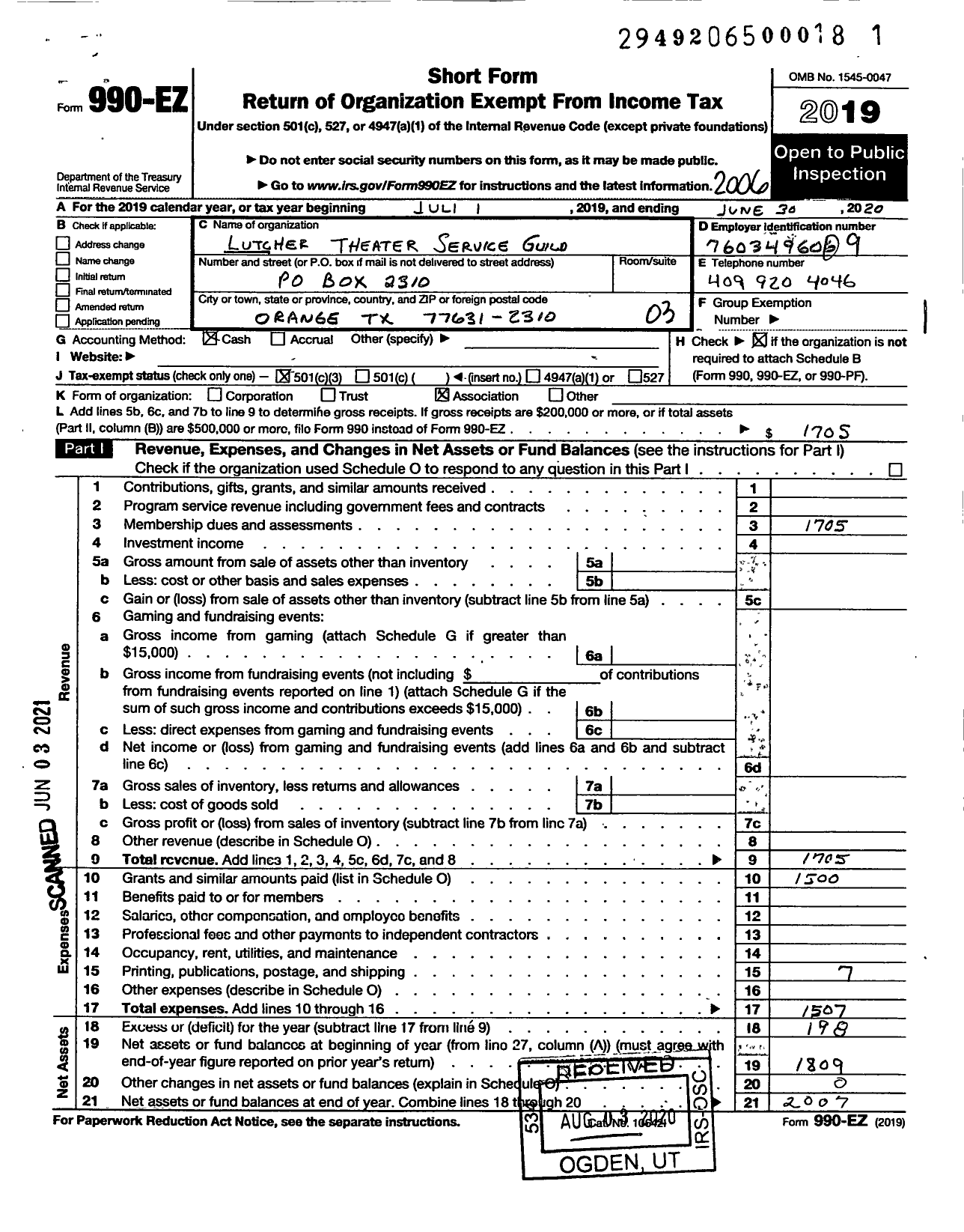 Image of first page of 2019 Form 990EZ for Lutcher Theater Service Guild