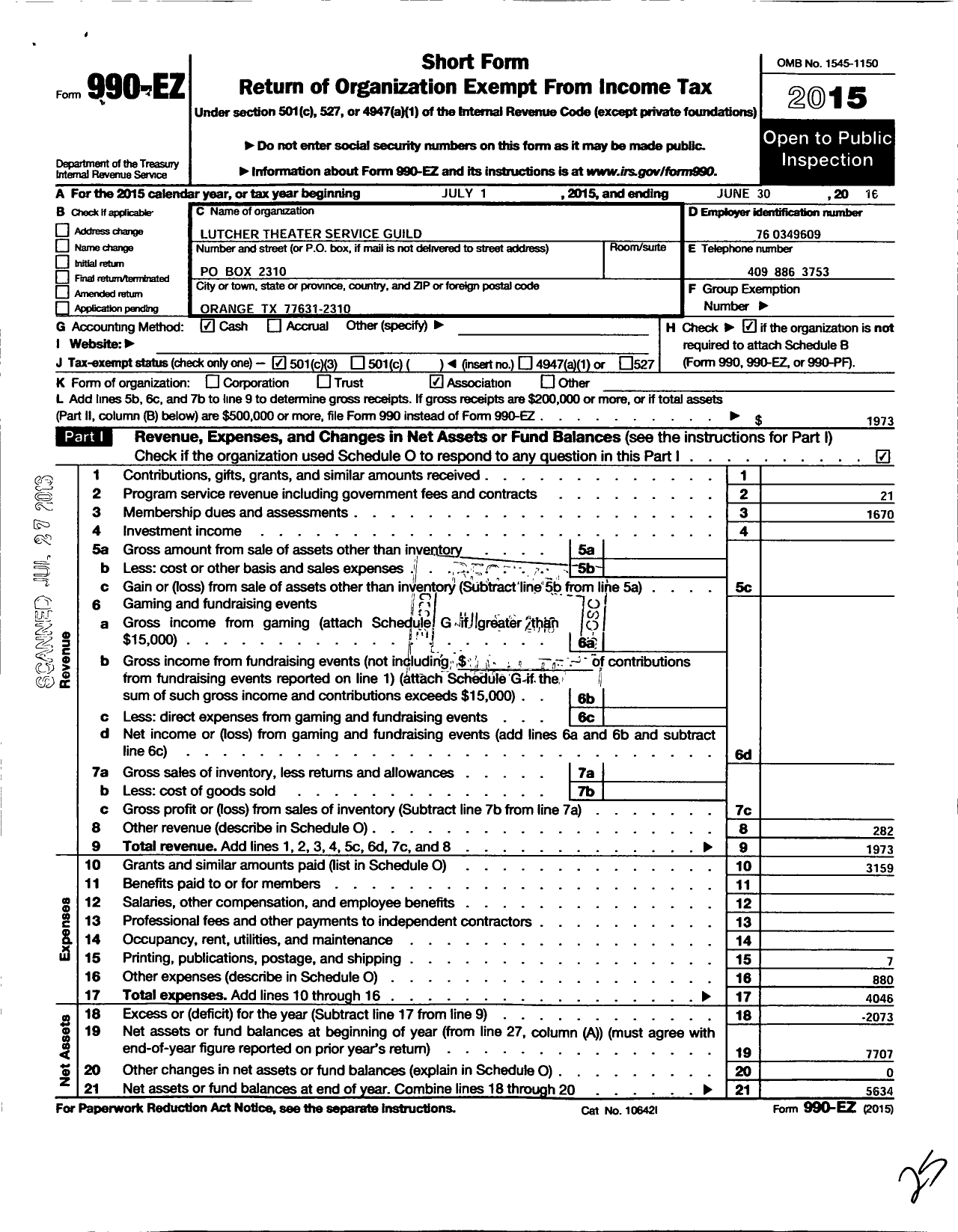 Image of first page of 2015 Form 990EZ for Lutcher Theater Service Guild