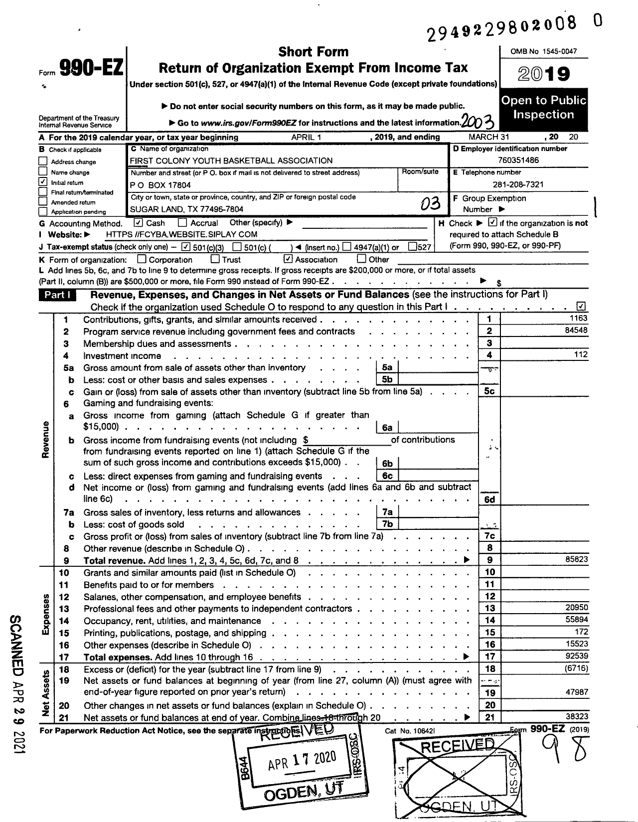 Image of first page of 2019 Form 990EZ for First Colony Youth Basketball Association