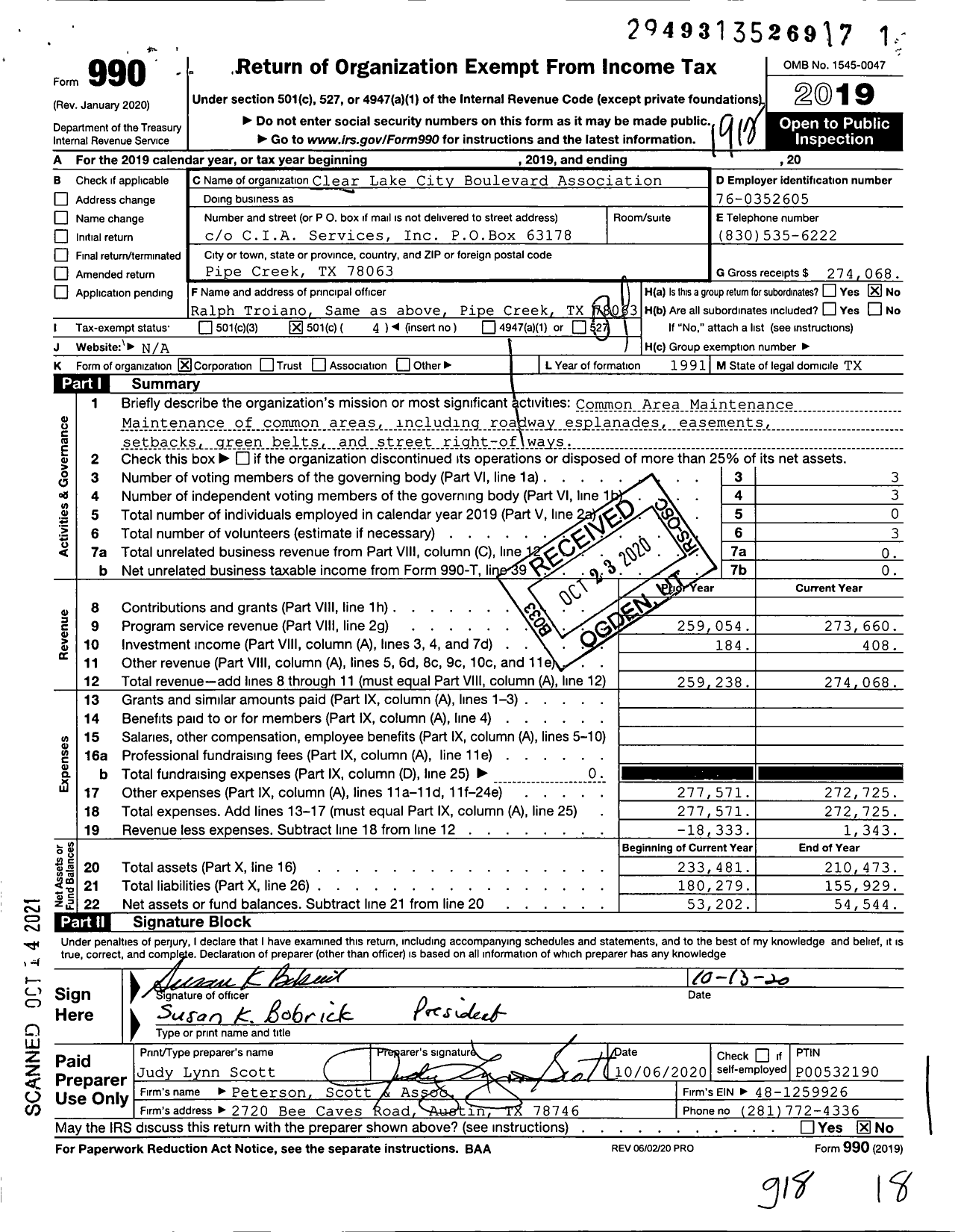 Image of first page of 2019 Form 990O for Clear Lake City Boulevard Association