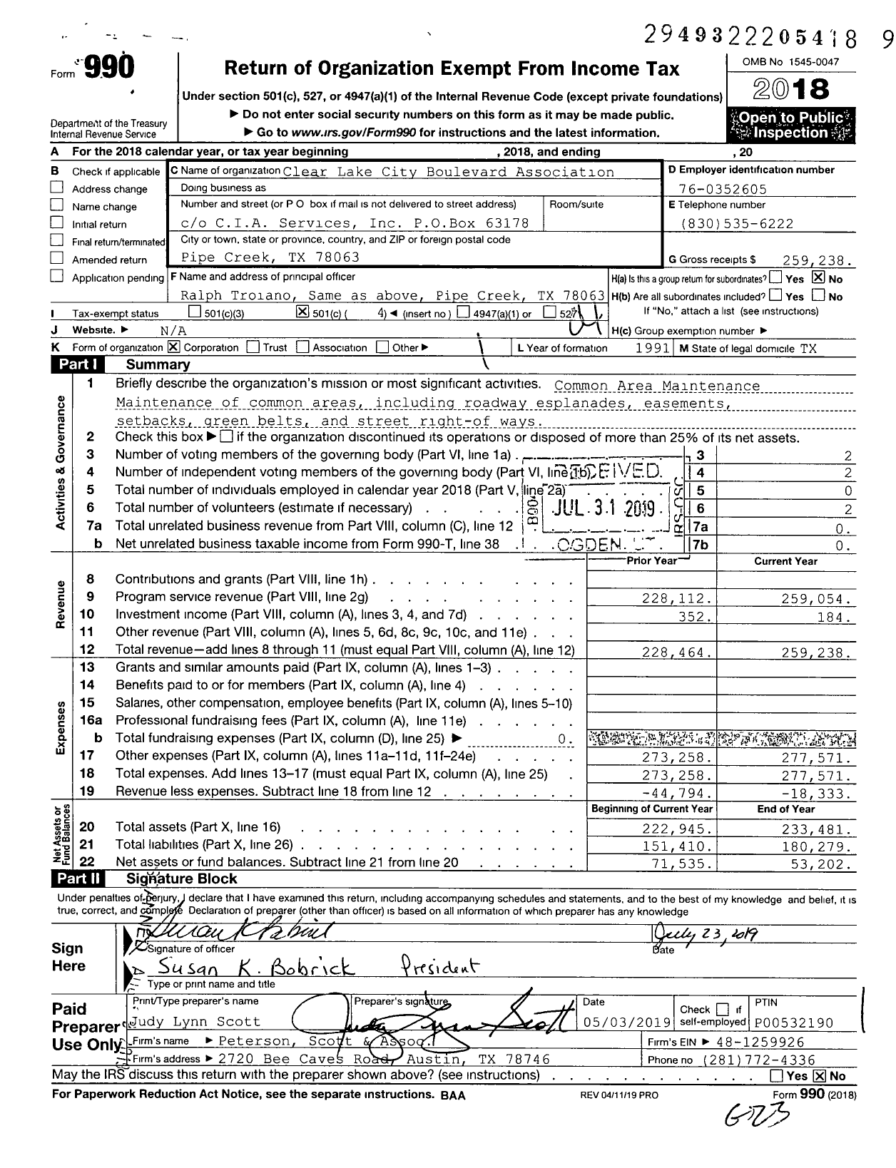 Image of first page of 2018 Form 990O for Clear Lake City Boulevard Association