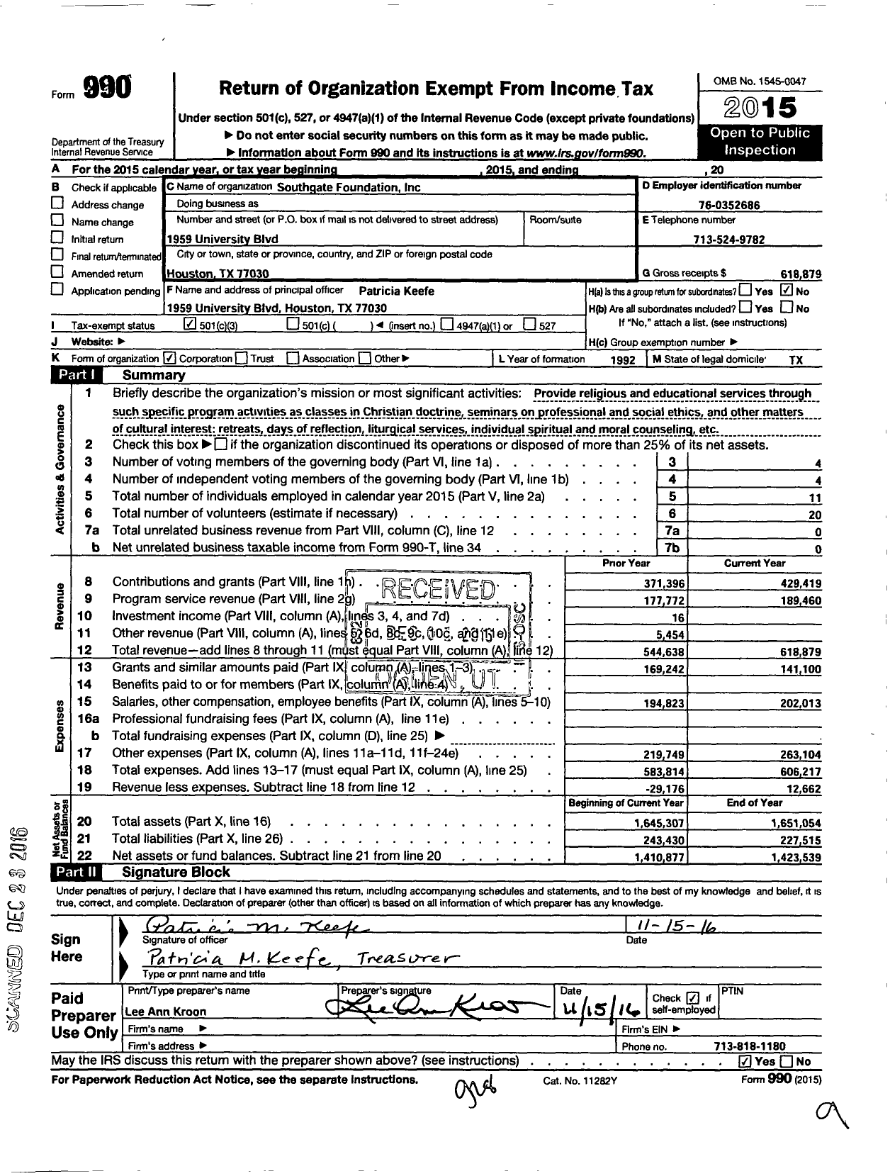 Image of first page of 2015 Form 990 for Southgate Foundation