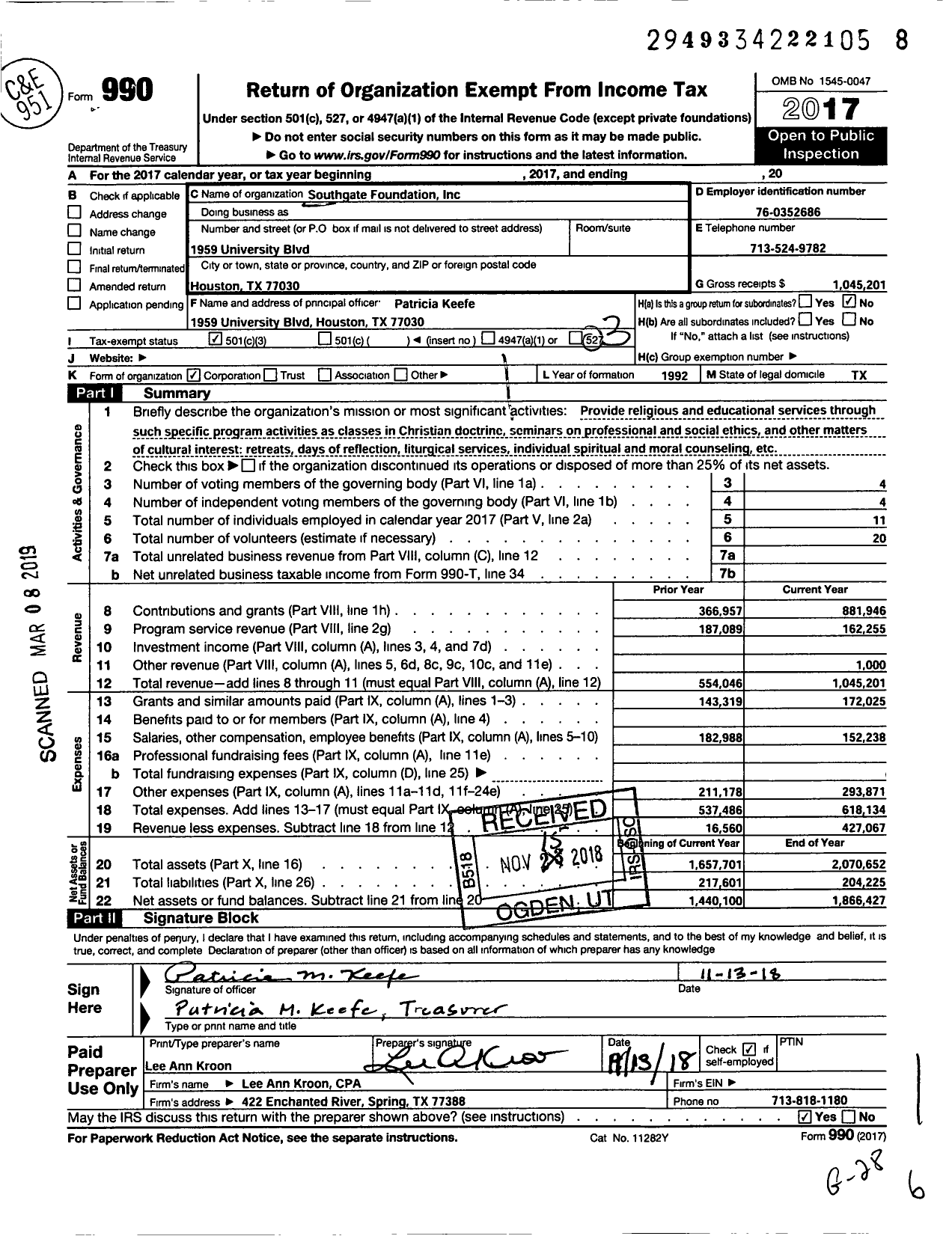 Image of first page of 2017 Form 990 for Southgate Foundation