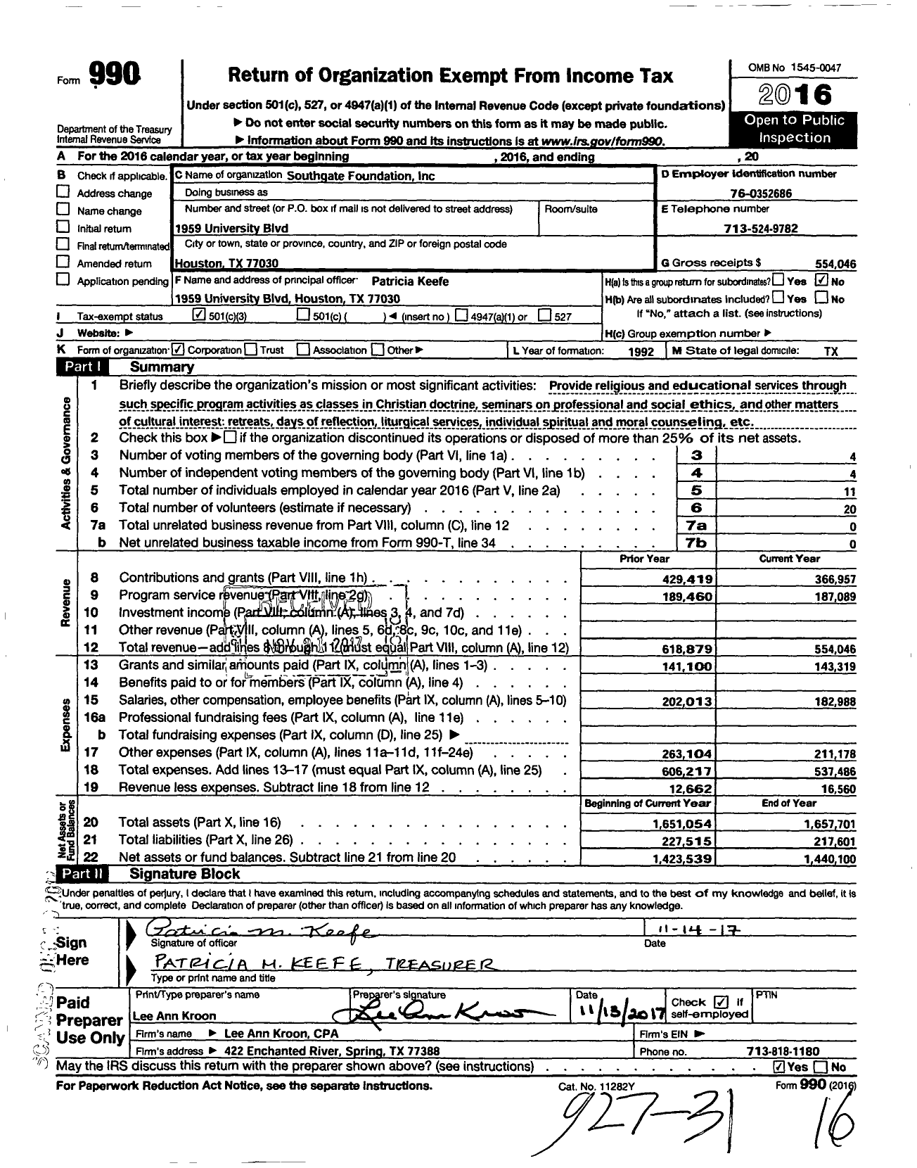 Image of first page of 2016 Form 990 for Southgate Foundation