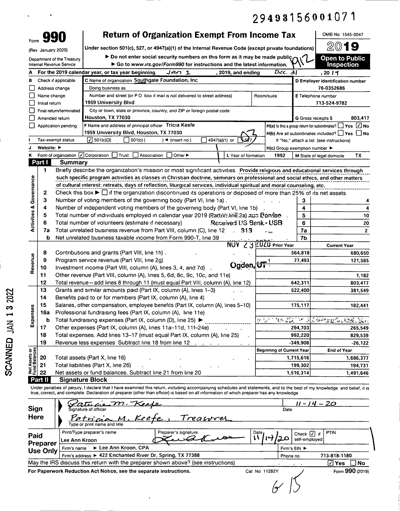 Image of first page of 2019 Form 990 for Southgate Foundation