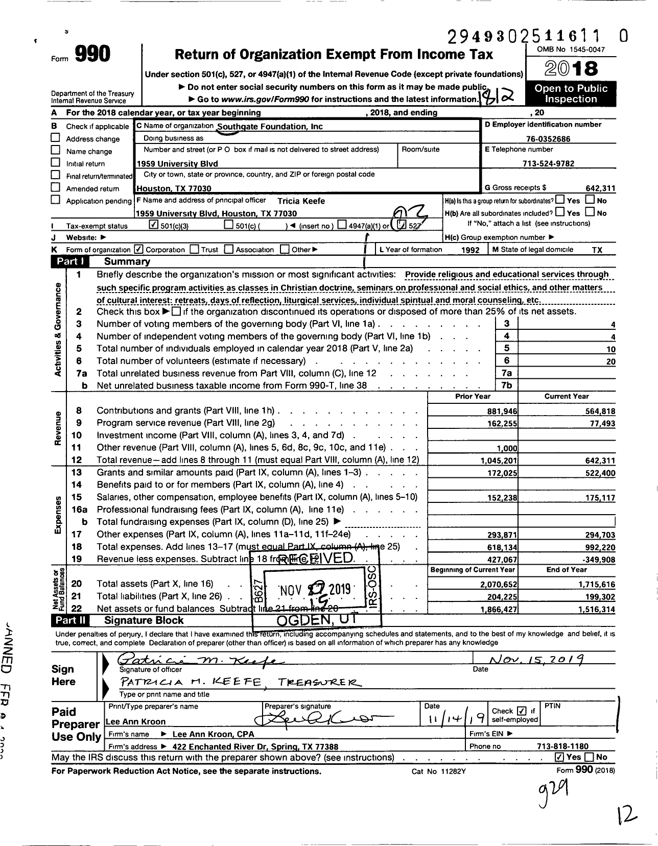 Image of first page of 2018 Form 990 for Southgate Foundation