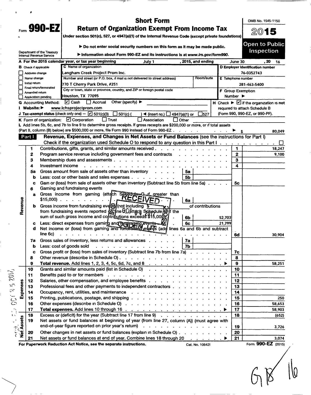 Image of first page of 2015 Form 990EZ for Langham Creek Project Prom