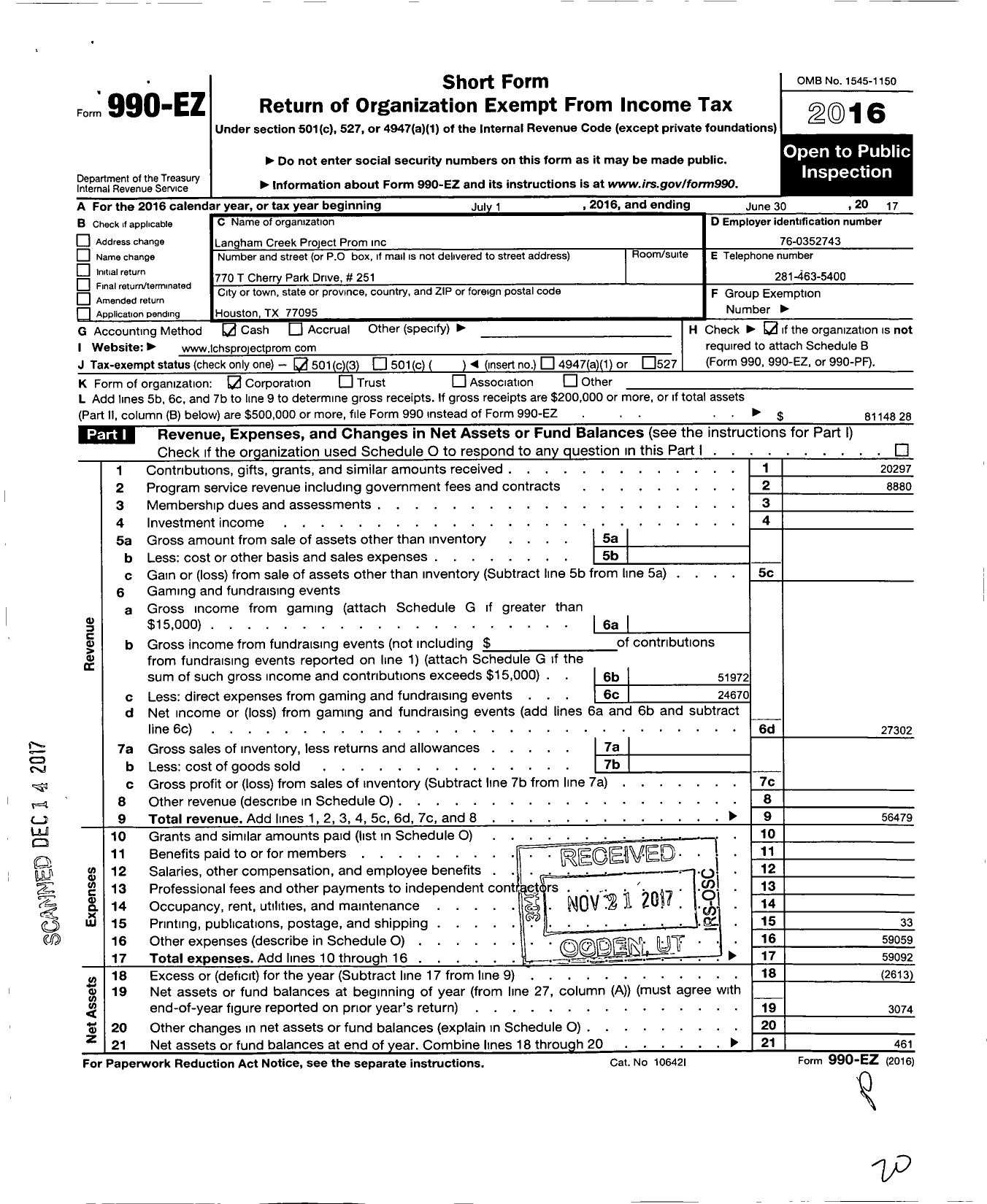 Image of first page of 2016 Form 990EZ for Langham Creek Project Prom