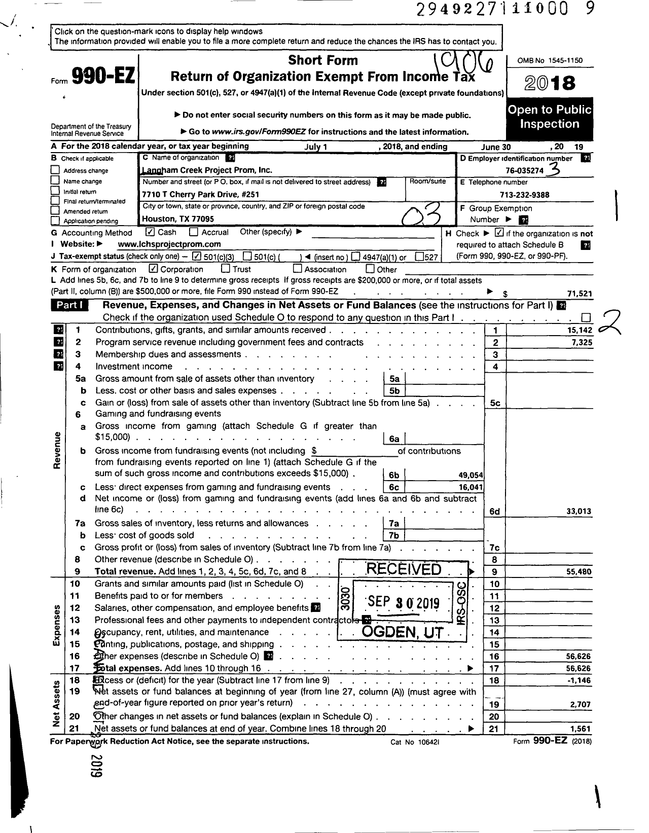 Image of first page of 2018 Form 990EZ for Langham Creek Project Prom