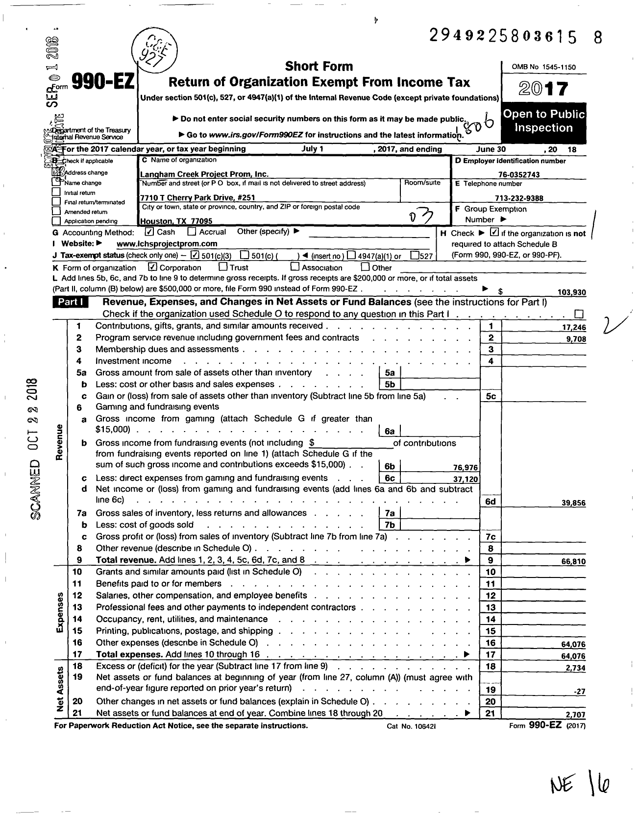 Image of first page of 2017 Form 990EZ for Langham Creek Project Prom