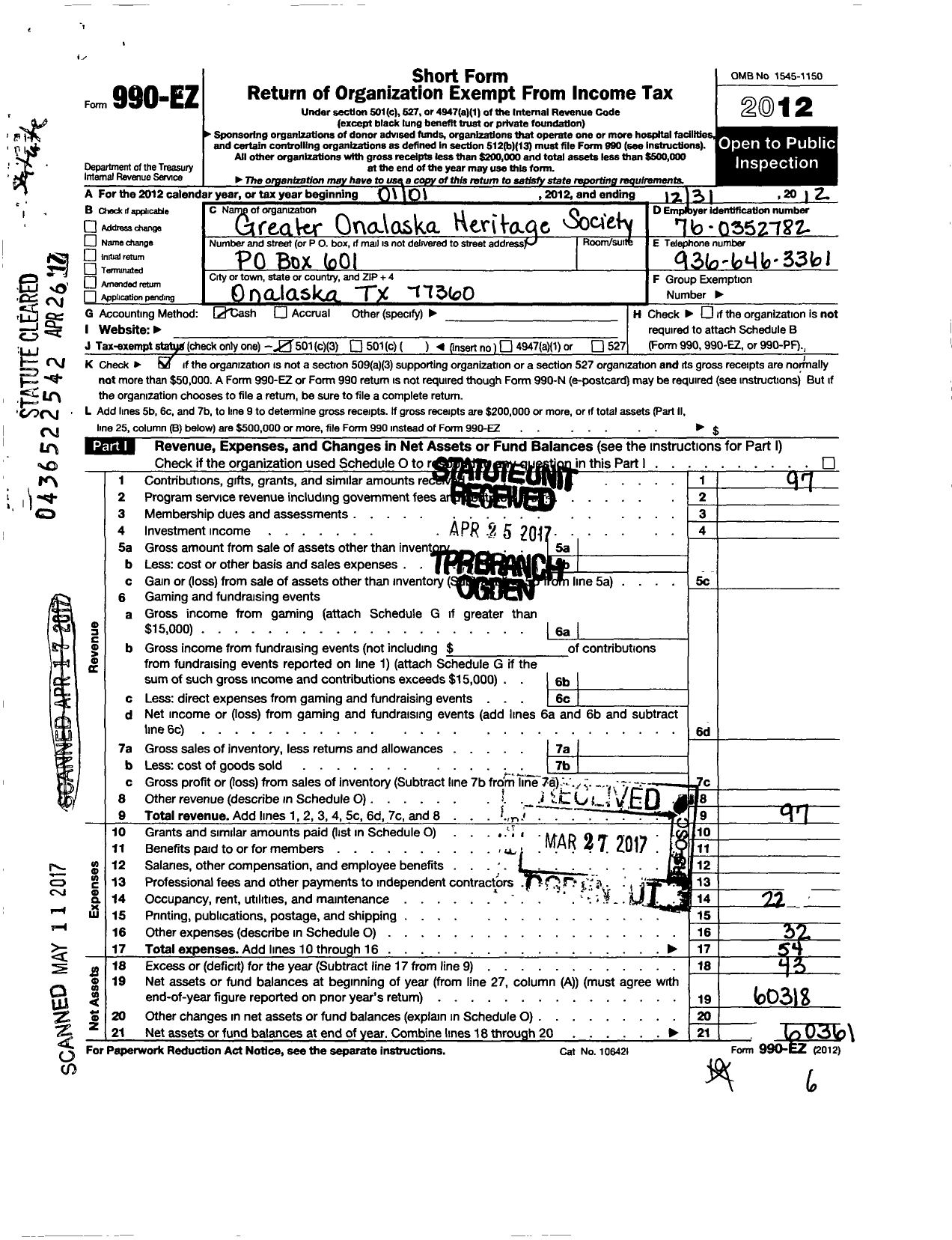 Image of first page of 2012 Form 990EZ for Greater Onalaska Heritage Society