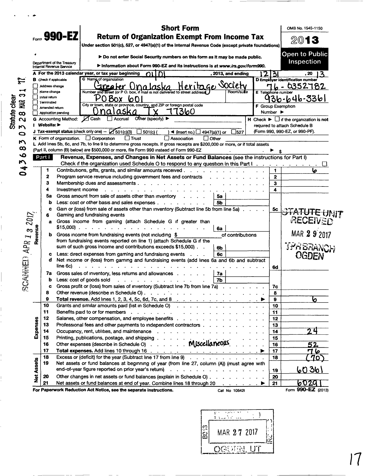 Image of first page of 2013 Form 990EZ for Greater Onalaska Heritage Society