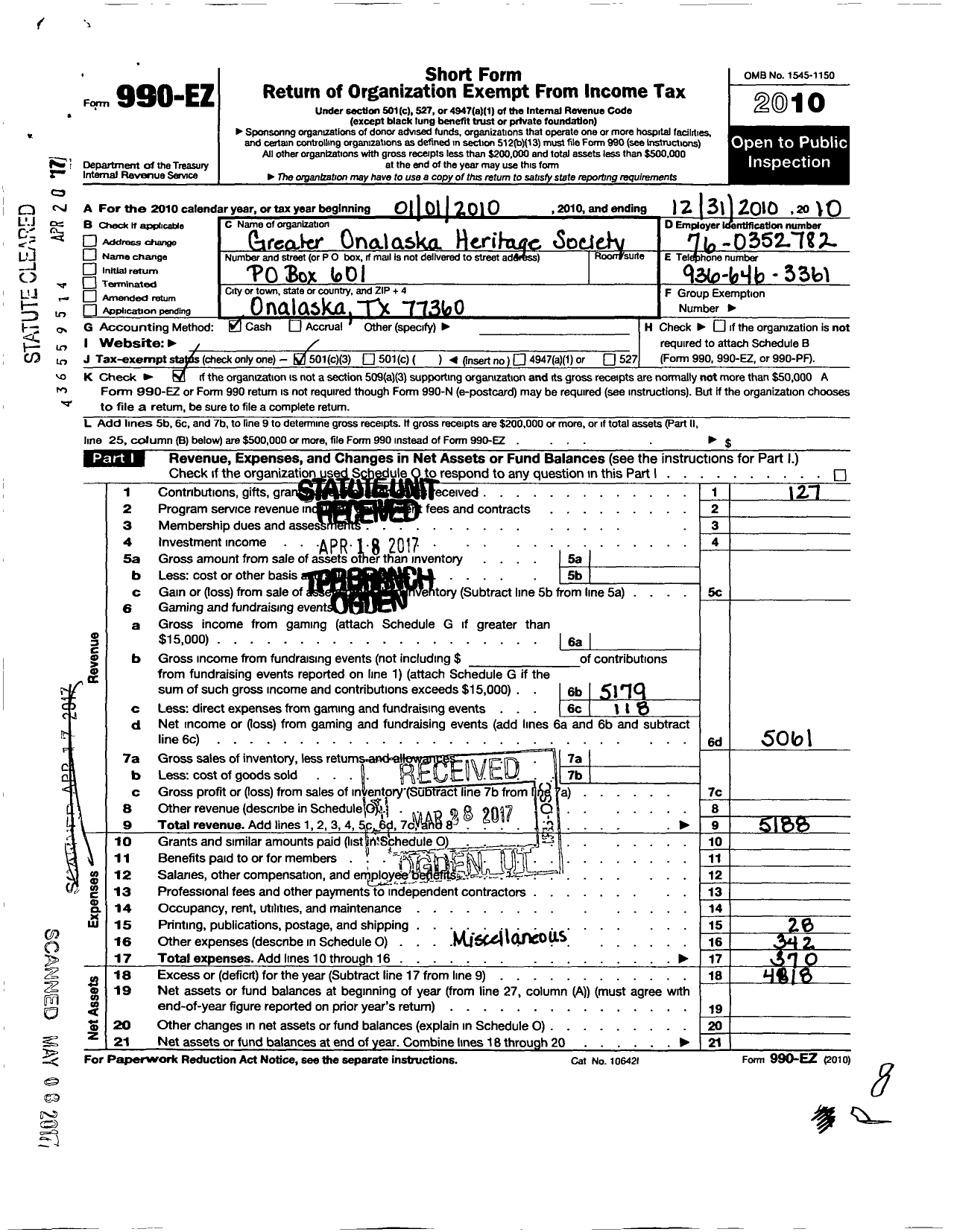 Image of first page of 2010 Form 990EZ for Greater Onalaska Heritage Society