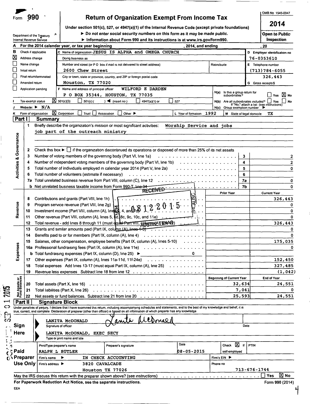 Image of first page of 2014 Form 990 for Jesus Is Alpha and Omega Church