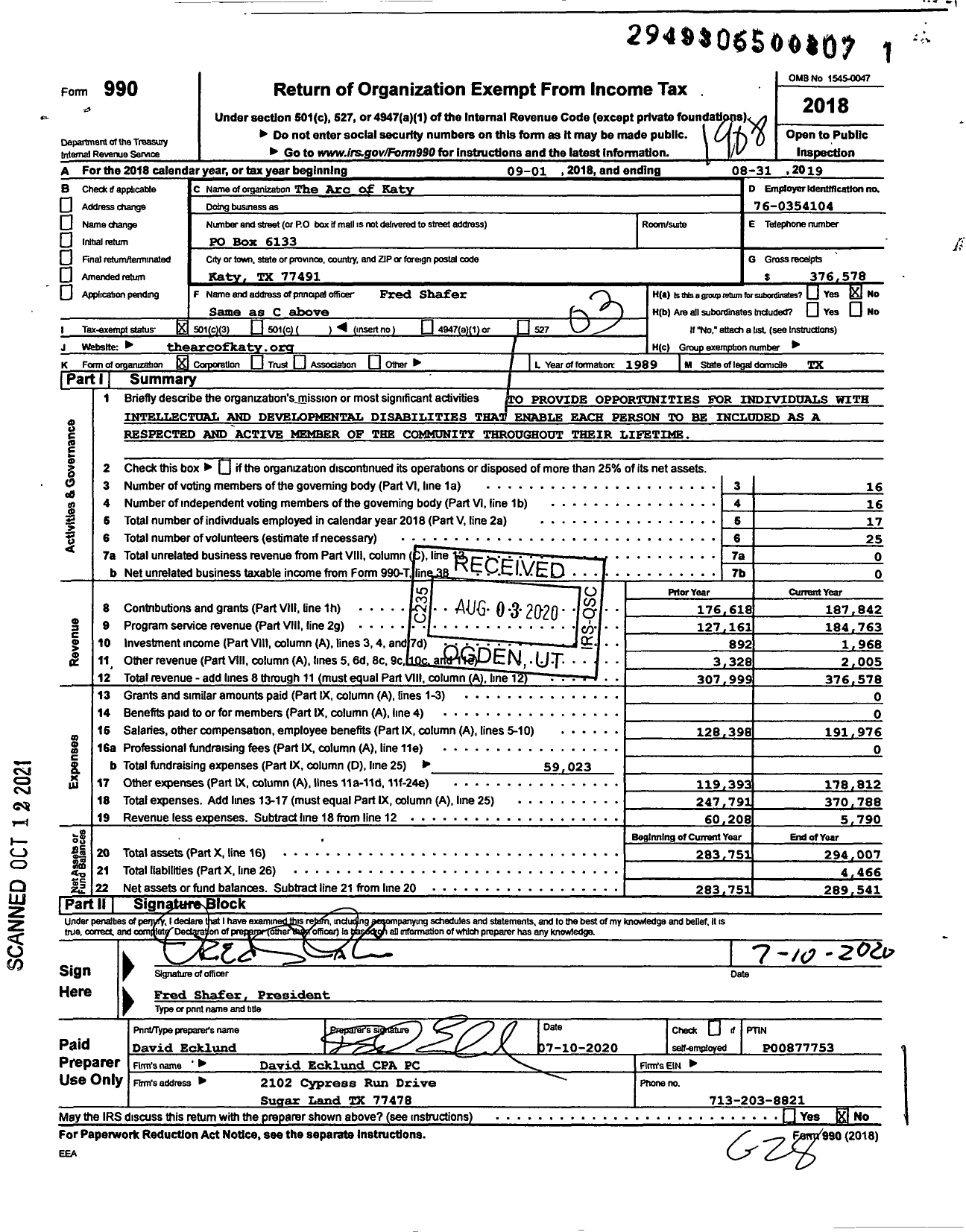 Image of first page of 2018 Form 990 for The Arc of Katy