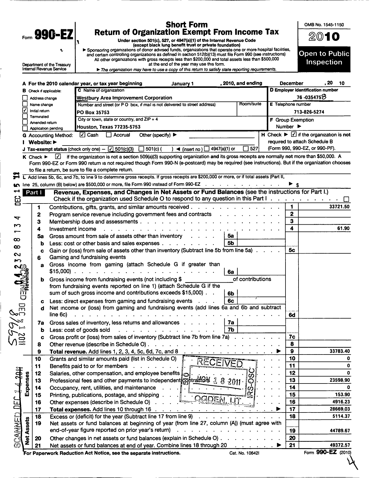 Image of first page of 2010 Form 990EZ for Westbury Area Improvement Corporation