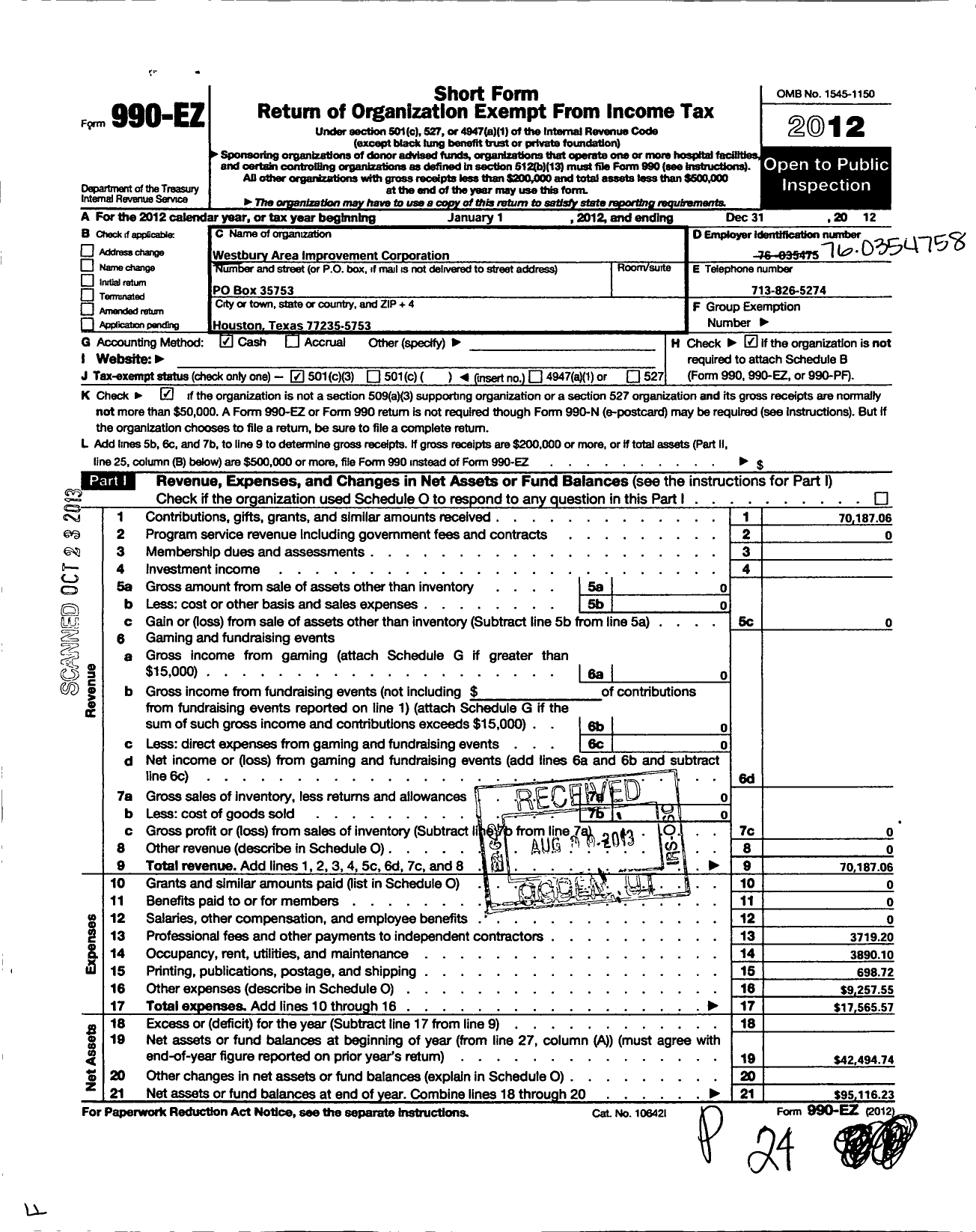 Image of first page of 2012 Form 990EZ for Westbury Area Improvement Corporation