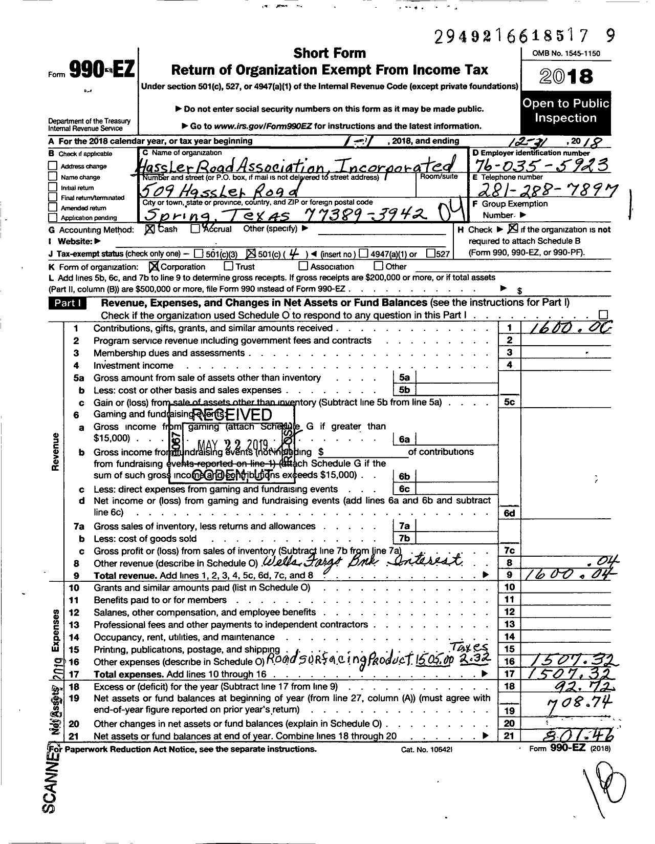 Image of first page of 2018 Form 990EO for Hassler Road Association Incorporated