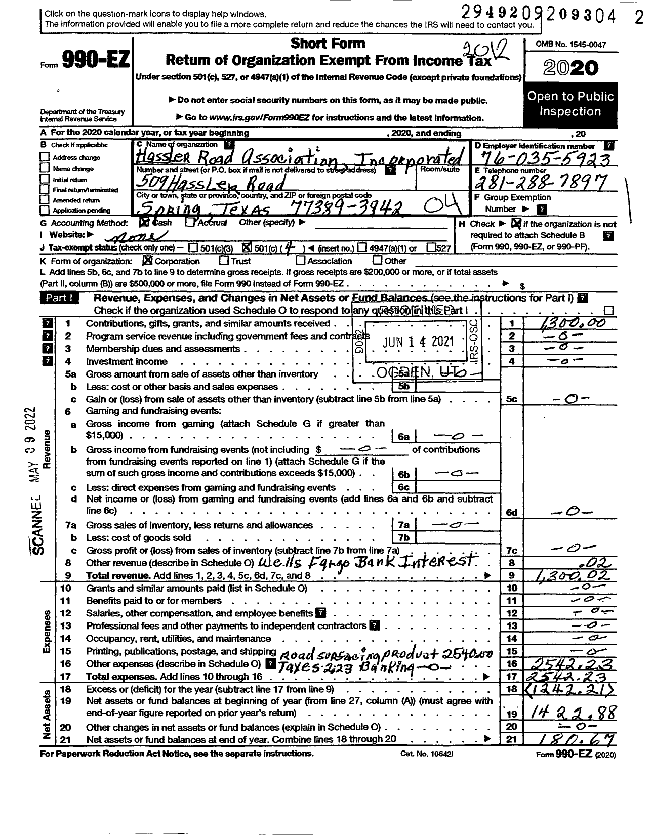 Image of first page of 2020 Form 990EO for Hassler Road Association Incorporated