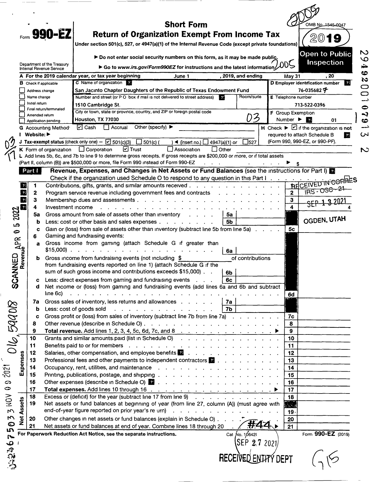 Image of first page of 2019 Form 990EZ for San Jacinto Chapter Daughters of the Republic of Texas Endowment Fund