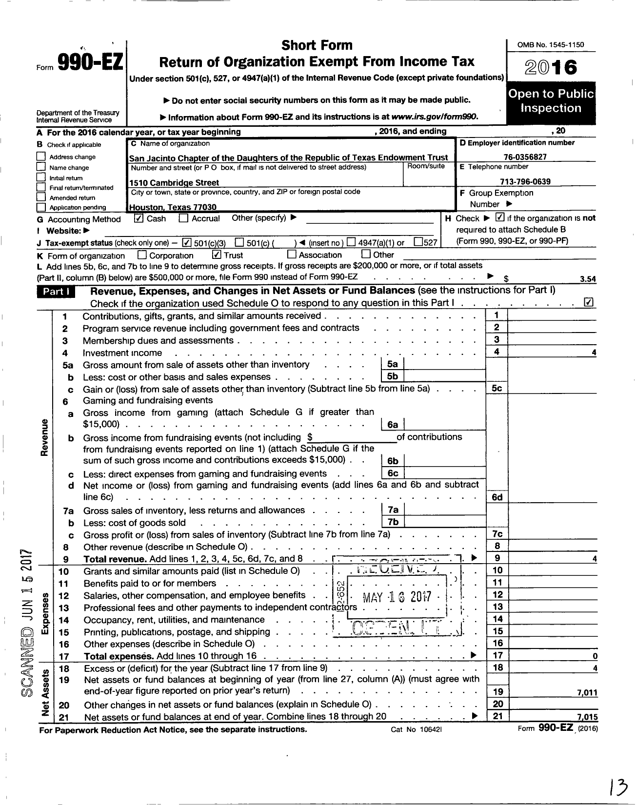 Image of first page of 2016 Form 990EZ for San Jacinto Chapter Daughters of the Republic of Texas Endowment Fund