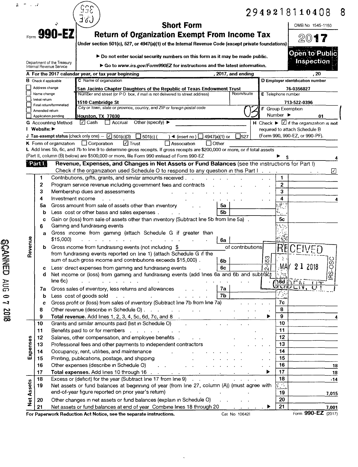 Image of first page of 2017 Form 990EZ for San Jacinto Chapter Daughters of the Republic of Texas Endowment Fund