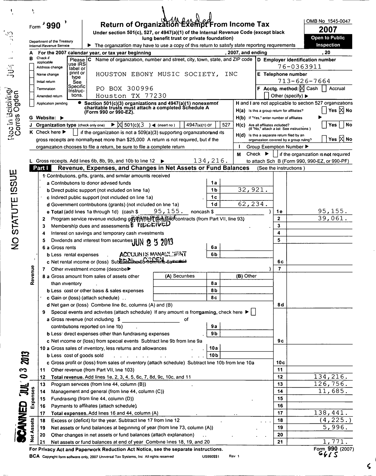 Image of first page of 2007 Form 990 for Houston Ebony Music Society