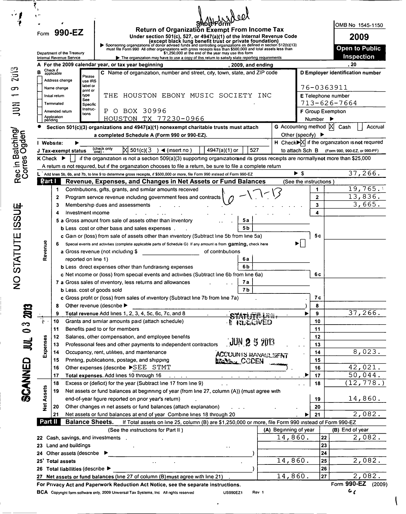 Image of first page of 2009 Form 990EZ for Houston Ebony Music Society