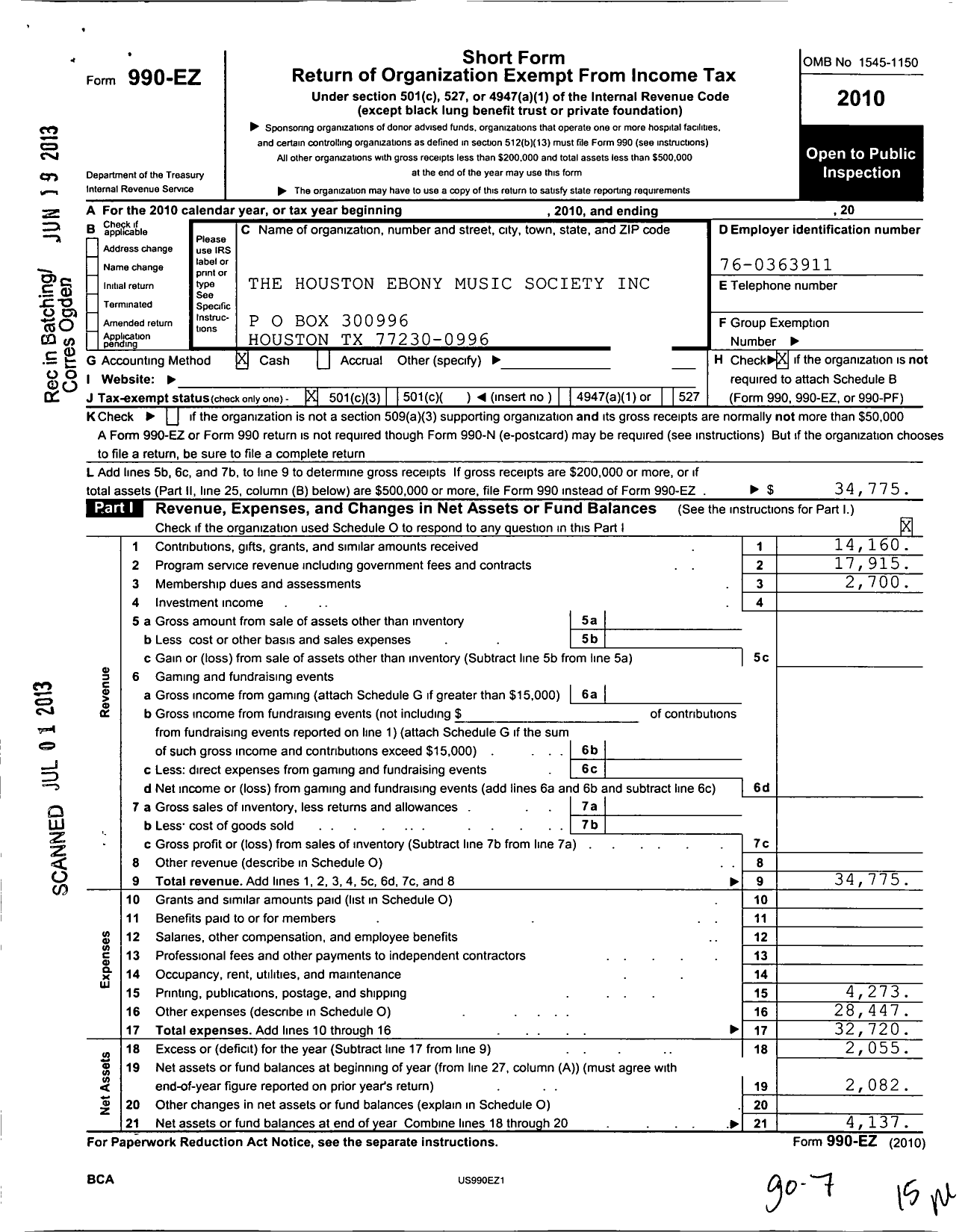 Image of first page of 2010 Form 990EZ for Houston Ebony Music Society