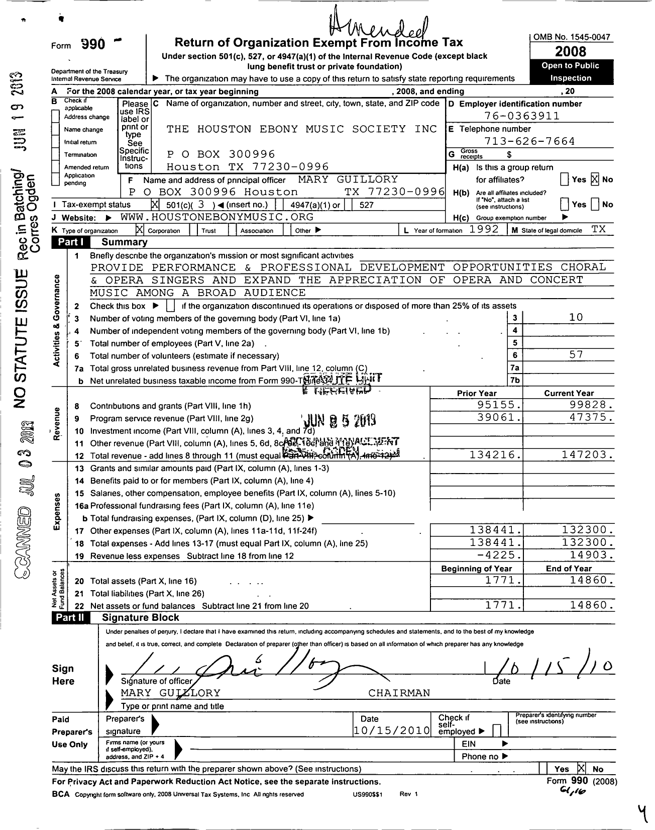 Image of first page of 2008 Form 990 for Houston Ebony Music Society