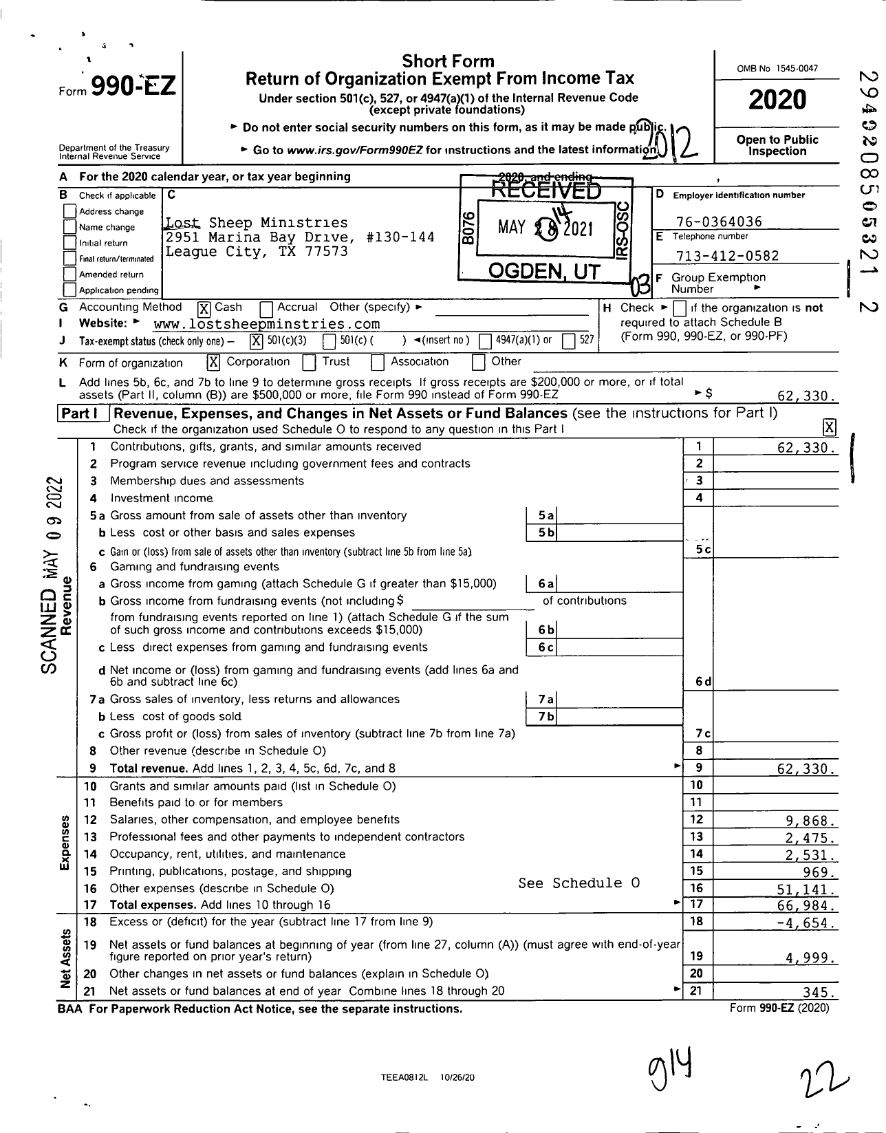 Image of first page of 2020 Form 990EZ for Lost Sheep Ministries