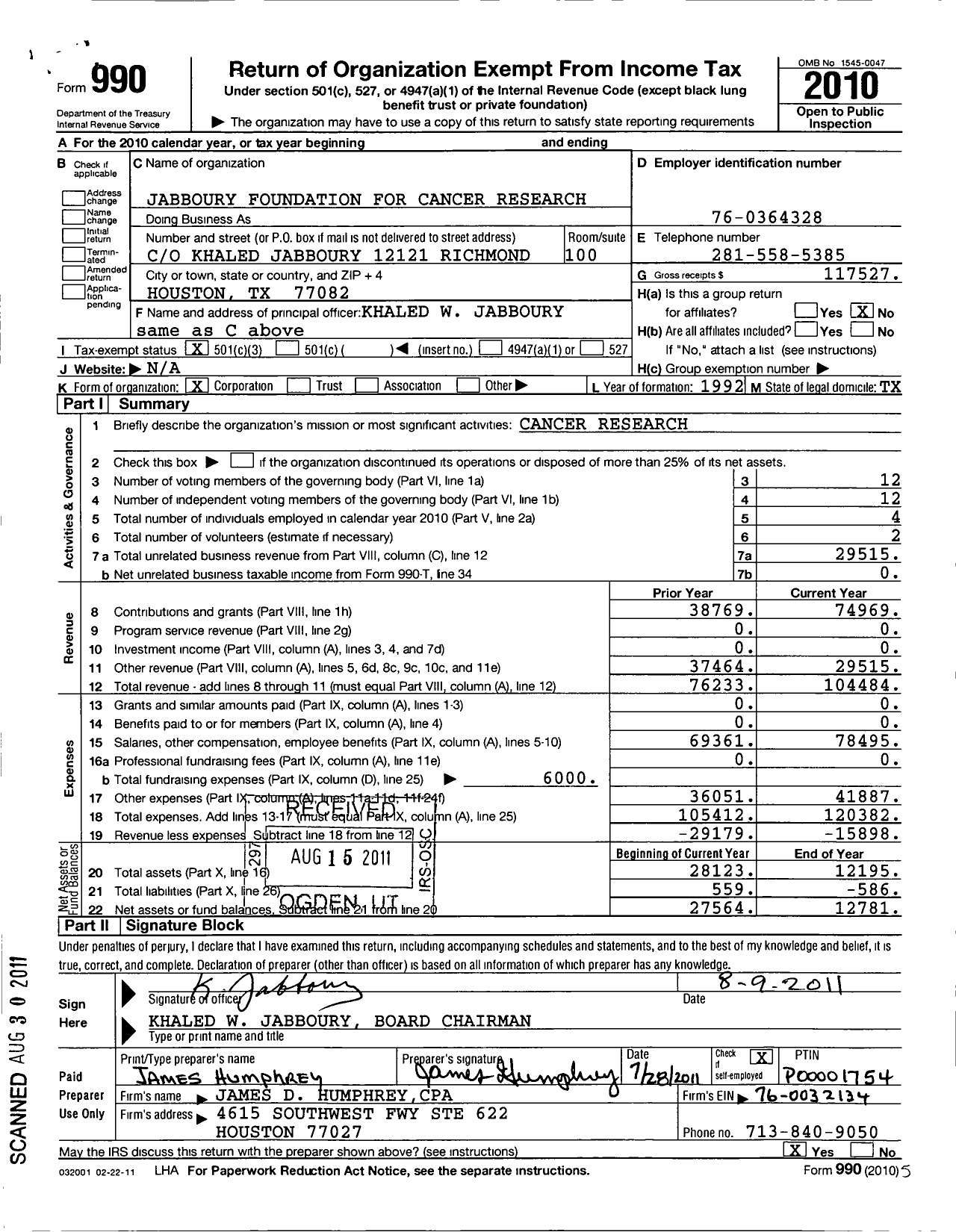 Image of first page of 2010 Form 990 for Jabboury Foundation for Cancer Research