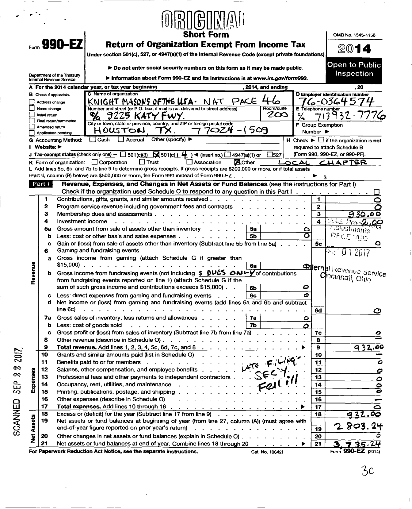 Image of first page of 2014 Form 990EO for Knight Masons of the USA - Nat Pace 46