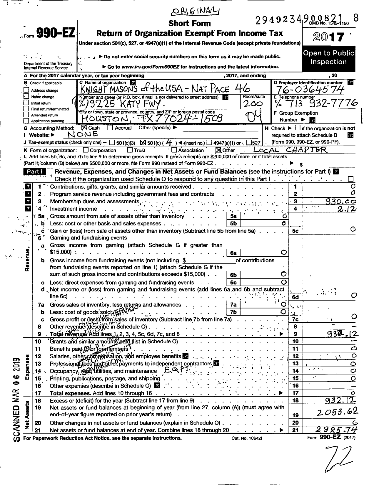 Image of first page of 2017 Form 990EO for Knight Masons of the USA - Nat Pace 46