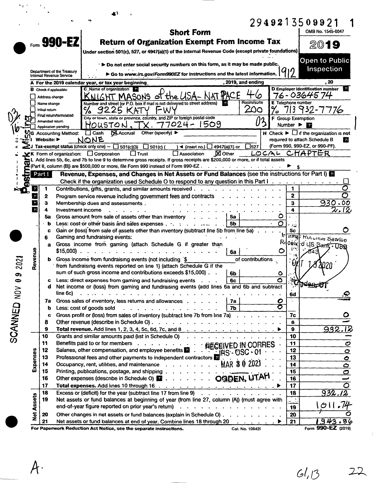 Image of first page of 2019 Form 990EZ for Knight Masons of the USA - Nat Pace 46