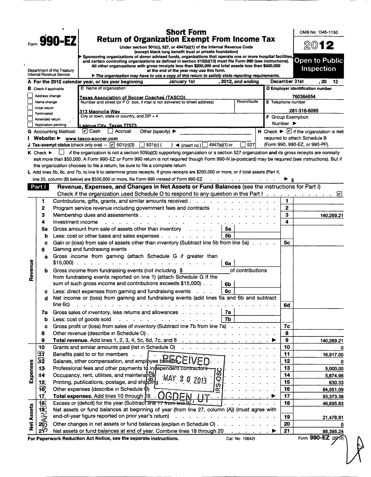 Image of first page of 2012 Form 990EZ for Texas Association of Soccer Coaches