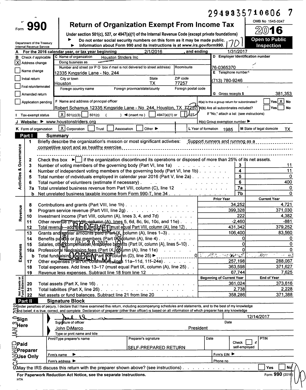 Image of first page of 2016 Form 990 for Houston Striders