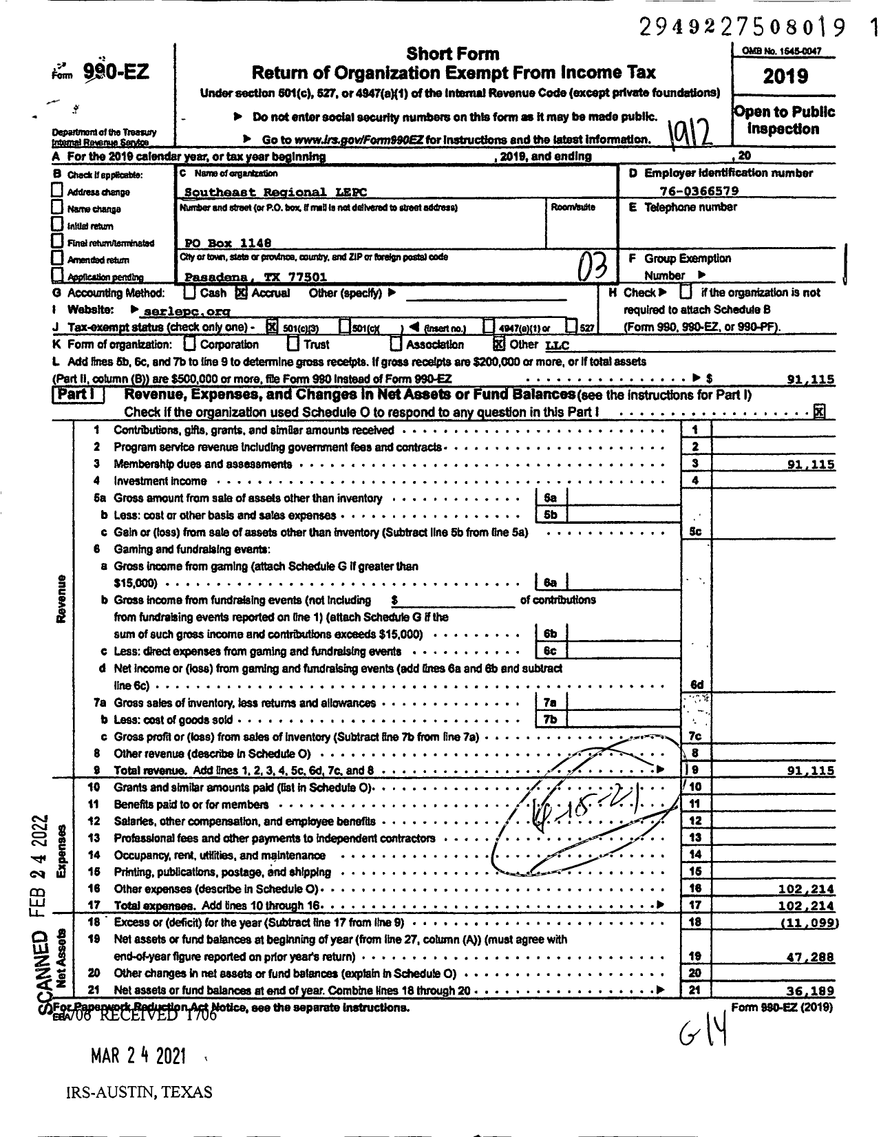 Image of first page of 2019 Form 990EZ for Southeast Regional LEPC