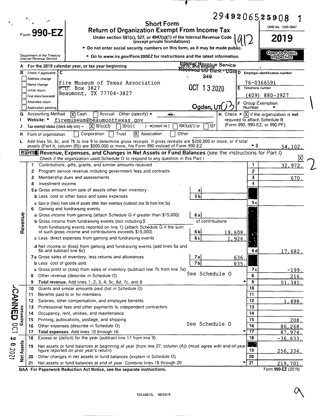 Image of first page of 2019 Form 990EZ for Fire Museum of Texas Association