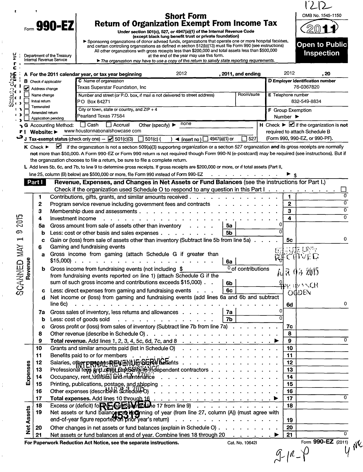 Image of first page of 2012 Form 990EZ for Texas Superstar Foundation